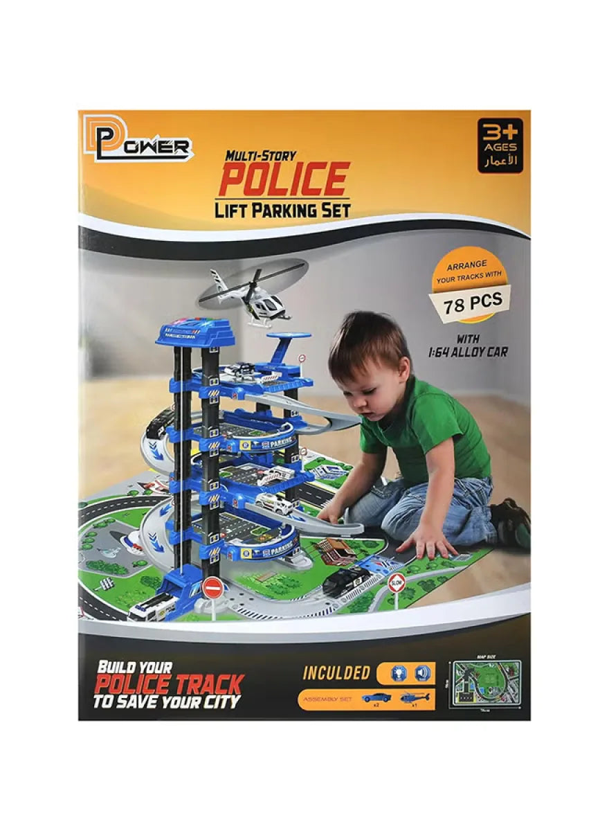 D-POWER – Multi Level Lift Parking Set | 4 Storied DIY Build Set, Theme – Police Station | 78pc Set, Kids Age 3+