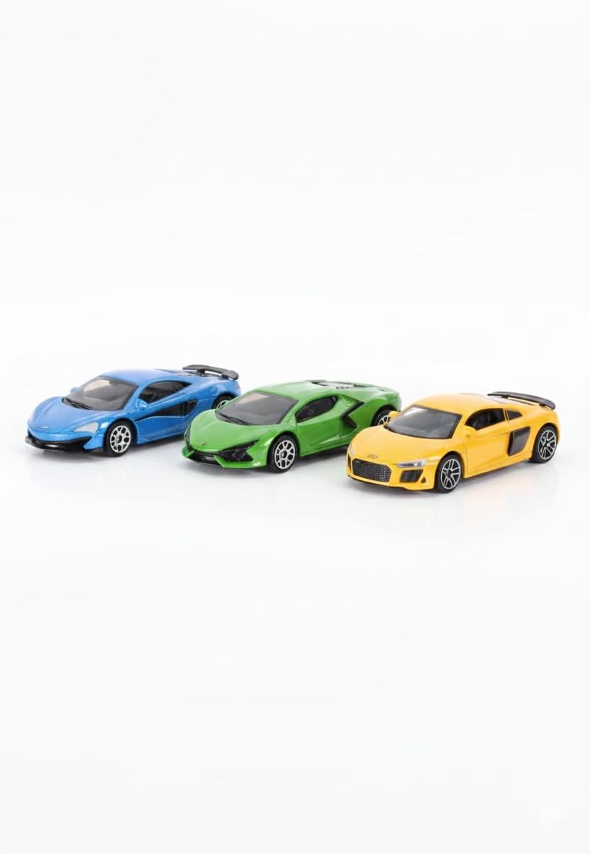 D-Power 1:64 Diecast Car Set (Pack of 3) McLaren 600LT Blue, Lamborghini Revuelto Green, Audi R8 2019 Yellow– Collectible Mini Cars, Metal Body, Free-Rolling Wheels