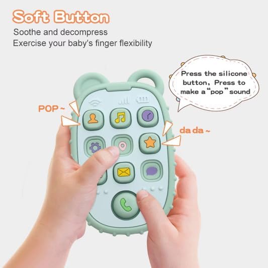 Baby Phone Toy, teether sensory Toy with press buttons, Bear Design, Mint Green