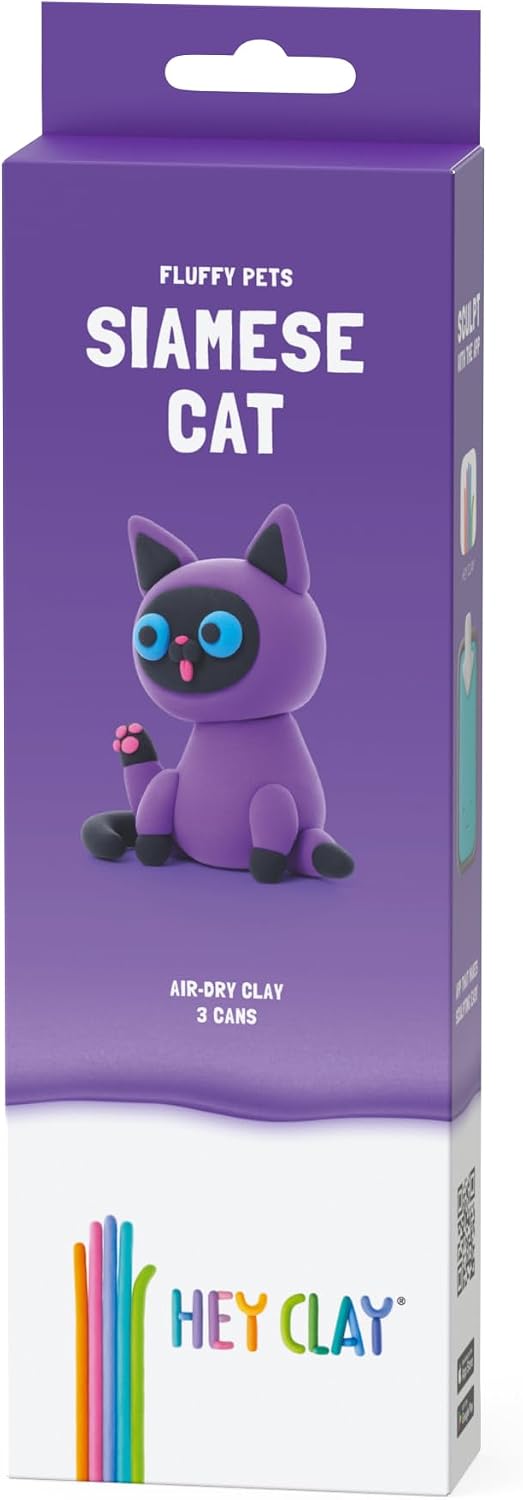 Hey Clay - Fluffy Pets SIAMESE CAT Colourful modelling air-dry clay, 3 cans with fun interactive app for kids 3 years +