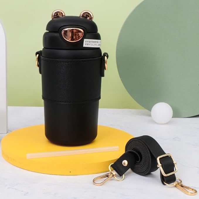 Stainless Steel Water Bottle with Straw Lid, Vacuum Insulated Metal Water Bottle, Reusable Double Walled Leak Proof Sports Water Bottle, Flask for Hot Cold Drinks, for Girls 400ml (Black)