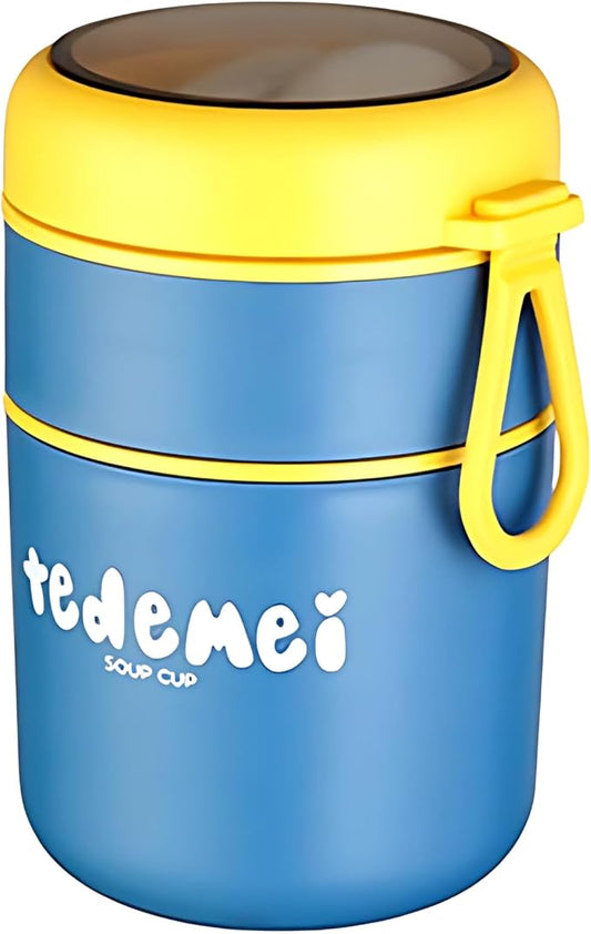 Double Soup Bowl Insulated Lunch Container Thermos Steel Food Jar with Spoon Stainless Steel 2 Compartment Leak Proof Airtight Lunch Container for Hot and Cold Food 710ml (Blue)