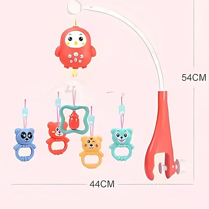 Baby Crib Mobile with Music & Remote – 360° Rotating Hanging Rattle Toy Set for Newborns, Adjustable Stand, Soothing Melodies for 0-12 Months (Red)