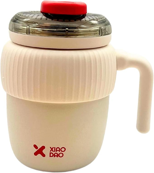 Super Cute Pink Coffee Water Cup for Office or Home Vacuum Insulated Stainless Steel with Handle Leak Proof Hygienic Large Capacity 12 Hours Hot and Cold 420ml (Cream)