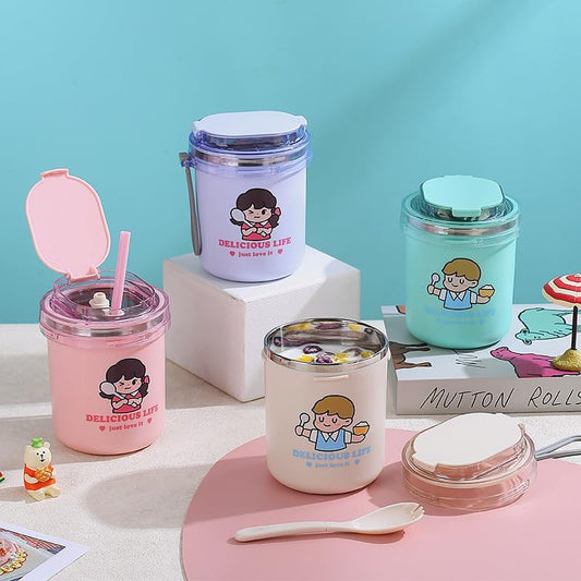 500ml Portable Stainless Steel Soup & Breakfast Cup – Cartoon Design, Thermos for Milk, Oatmeal, and Nutrition – Ideal for Students & Office Workers" (cream)