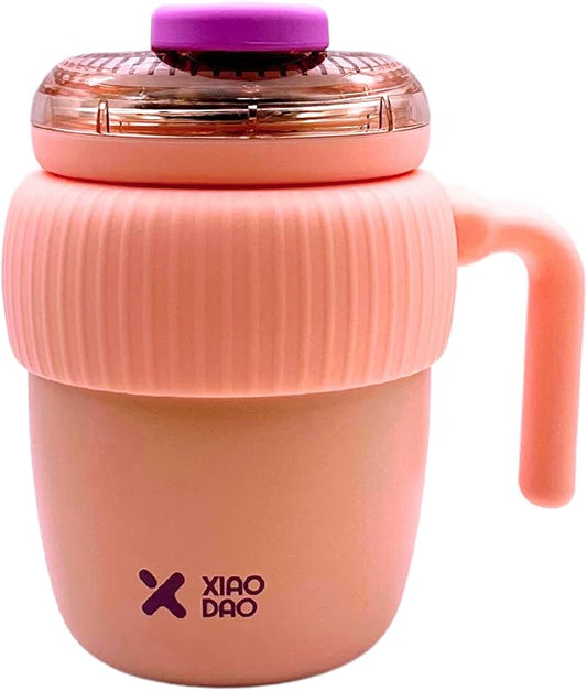 Super Cute Pink Coffee Water Cup for Office or Home Vacuum Insulated Stainless Steel with Handle Leak Proof Hygienic Large Capacity 12 Hours Hot and Cold 420ml (Pink)