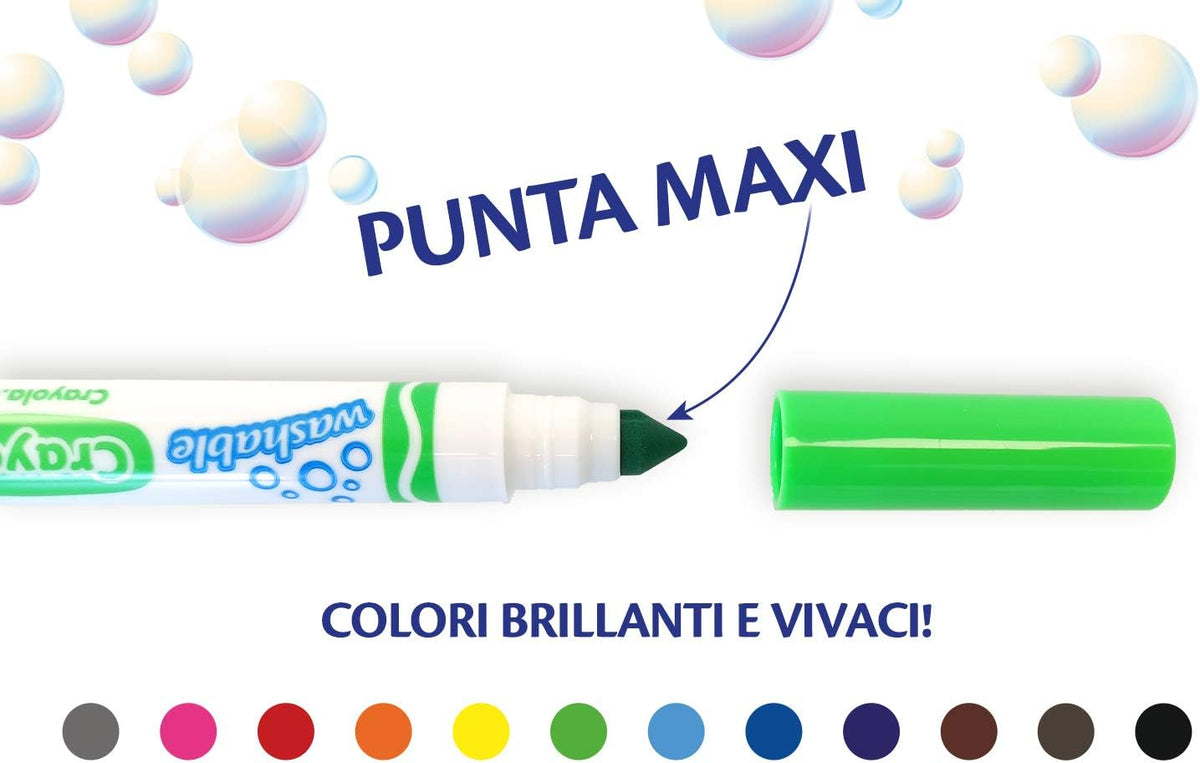 Crayola Washable Broad Line Markers – 12 Vibrant Colours | Durable Fibre-Tip Pens for Kids Drawing, Colouring & School Art Projects | Easy Washable Ink
