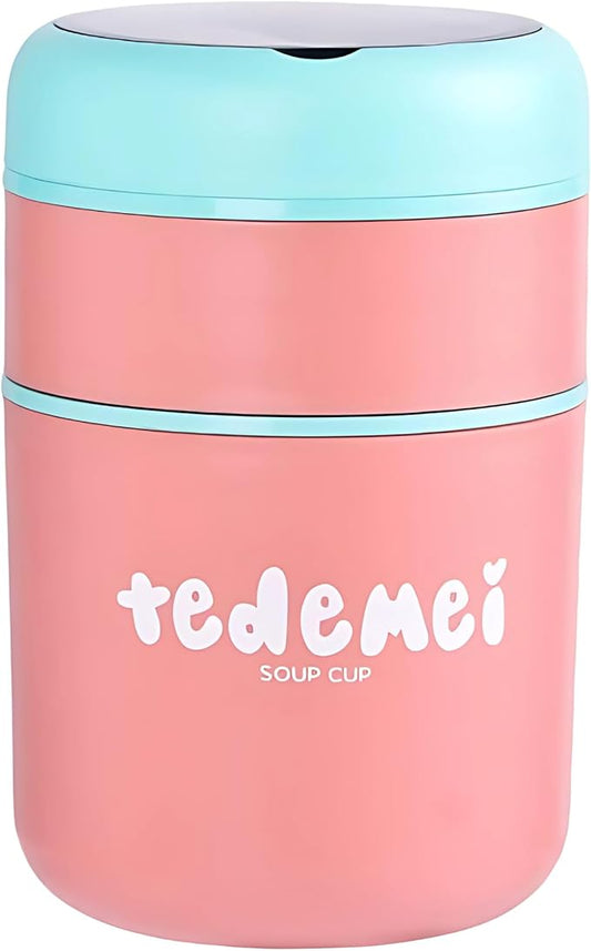 Double Soup Bowl Insulated Lunch Container Thermos Steel Food Jar with Spoon Stainless Steel 2 Compartment Leak Proof Airtight Lunch Container for Hot and Cold Food 710ml (Pink)