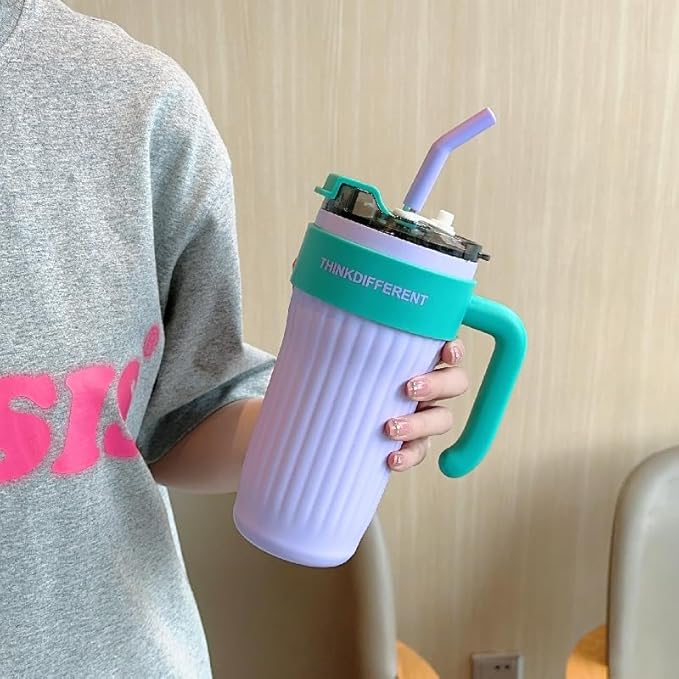 Insulated Tumbler with Handle and Straw Lid, Stainless Steel Coffee Mug Portable Coffee Tumbler Leak-Proof Coffee Cup Travel Mug Hot and Cold BPA-Free Fit in Car Cup Holder 860ml (Purple)