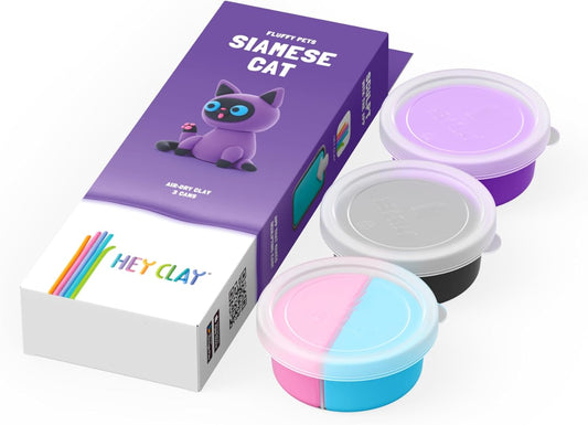 Hey Clay - Fluffy Pets SIAMESE CAT Colourful modelling air-dry clay, 3 cans with fun interactive app for kids 3 years +