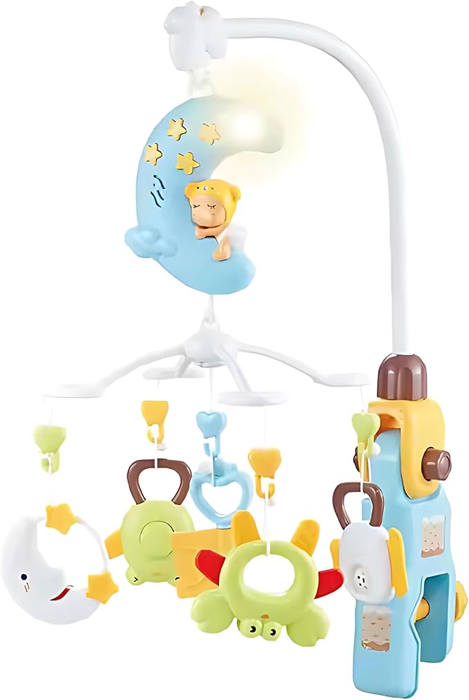 Baby Crib Mobile with Music & Remote – 360° Rotating Hanging Rattle Toy Set for Newborns, Adjustable Stand, Soothing Melodies for 0-12 Months (Blue)
