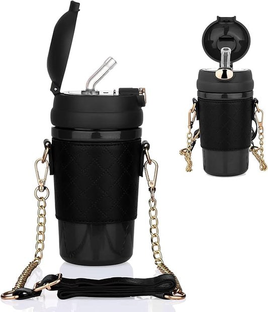 Stainless Steel Water Bottle with Straw Lid, Vacuum Insulated Metal Water Bottle, Reusable Double Walled Leak Proof Sports Water Bottle, Flask for Hot Cold Drinks, for Girls 400ml (Black)