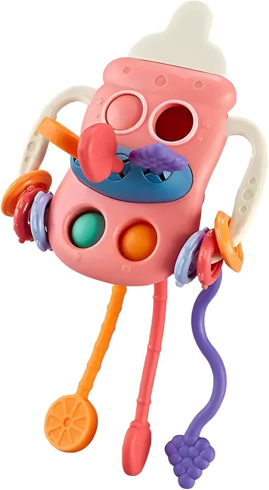 Bottle-Shaped Montessori Teether Toy for Toddlers – Sensory Learning Activity with Pull Strings, Beads, Gears & Teether Accessories Early Development Toy 3M+ (TOY-002-Pink)