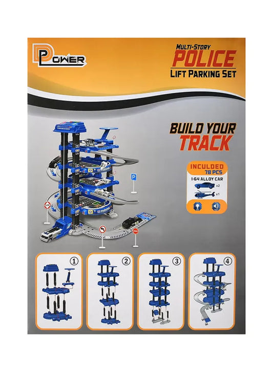 D-POWER – Multi Level Lift Parking Set | 4 Storied DIY Build Set, Theme – Police Station | 78pc Set, Kids Age 3+