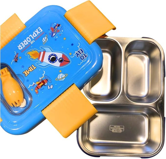 Stainless Steel School Lunch Box for Kids – 3 Compartment, 600ml Bento Tiffin Food Container, Durable & Portable Container for School & Travel (You soon) (Blue)