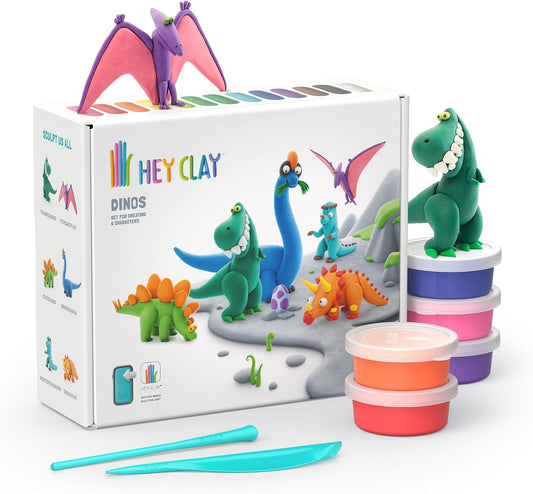 HEY CLAY - Dinos Set-Colourful Modeling Kids-Air Dry Clay Kit 15 cans and Sculpting Tools with Fun Interactive Instructions App, Multicoloured