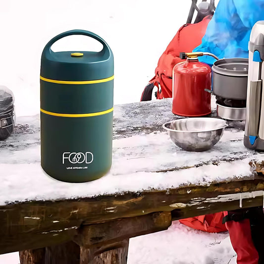 Double Soup Bowl Insulated Lunch Container Thermos Steel Food Jar with Spoon Stainless Steel 2 Compartment Leak Proof Airtight Lunch Container for Hot and Cold Food 710ml (Green)
