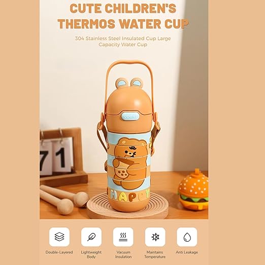 Stainless Steel Kids Puzzle Swirl Water Bottle with Straw & Strap Double Wall Vacuum Insulated Educational, Fun and Learning Water Bottle for Kids, Girls and Boys Leak Proof 430ml (Brown)