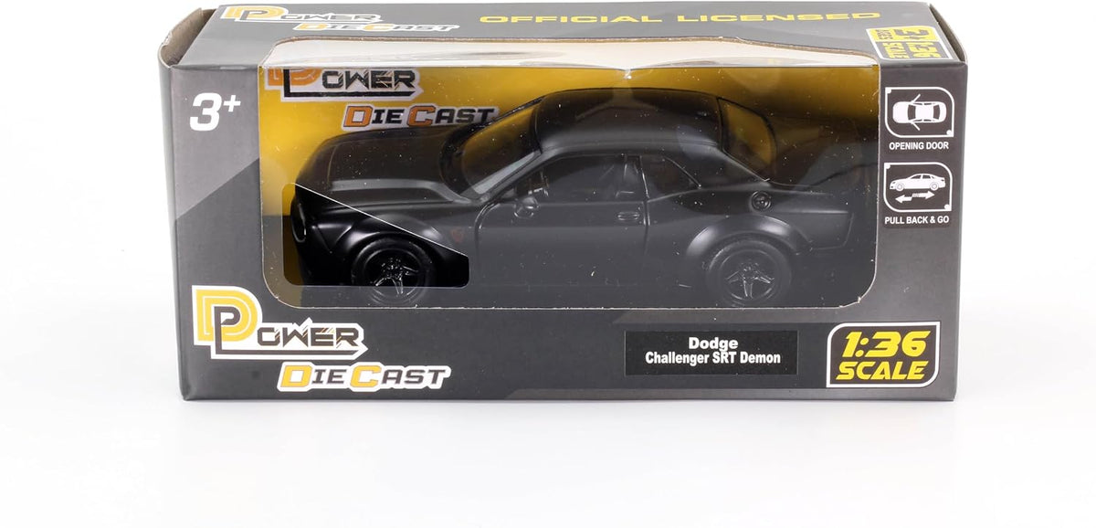 D-Power 1:36 Diecast Dodge Challenger SRT Demon 2018 – Matte Black, Pull Back, Collectible Model Car