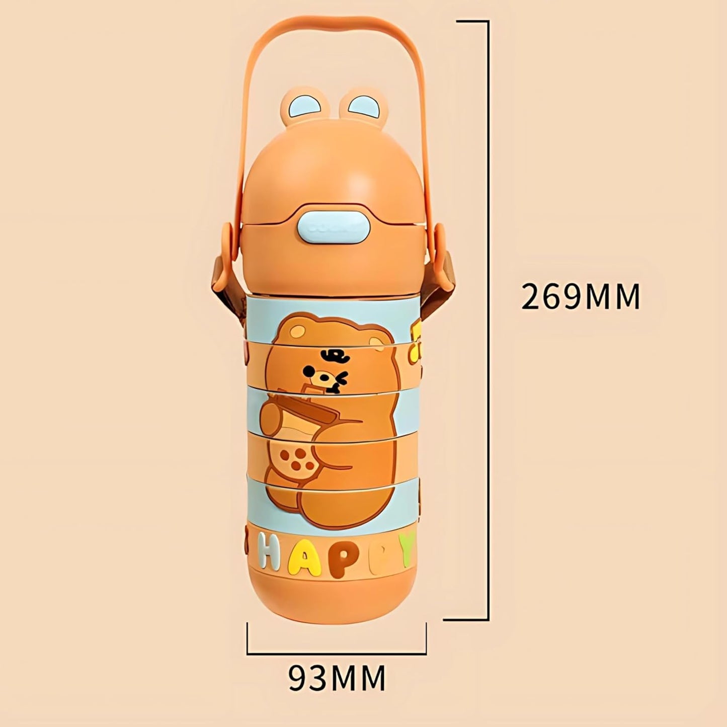 Stainless Steel Kids Puzzle Swirl Water Bottle with Straw & Strap Double Wall Vacuum Insulated Educational, Fun and Learning Water Bottle for Kids, Girls and Boys Leak Proof 430ml (Brown)