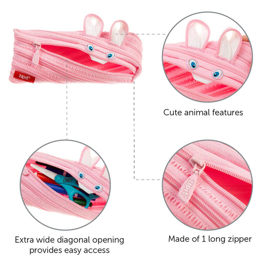 ZIPIT - Animals Pencil Case for Kids, Holds Up to 30 Pens, Machine Washable, Made of One Long Zipper! (Bunny)
