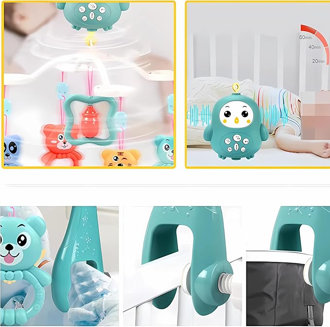 Baby Crib Mobile with Music & Remote – 360° Rotating Hanging Rattle Toy Set for Newborns, Adjustable Stand, Soothing Melodies for 0-12 Months (Green)