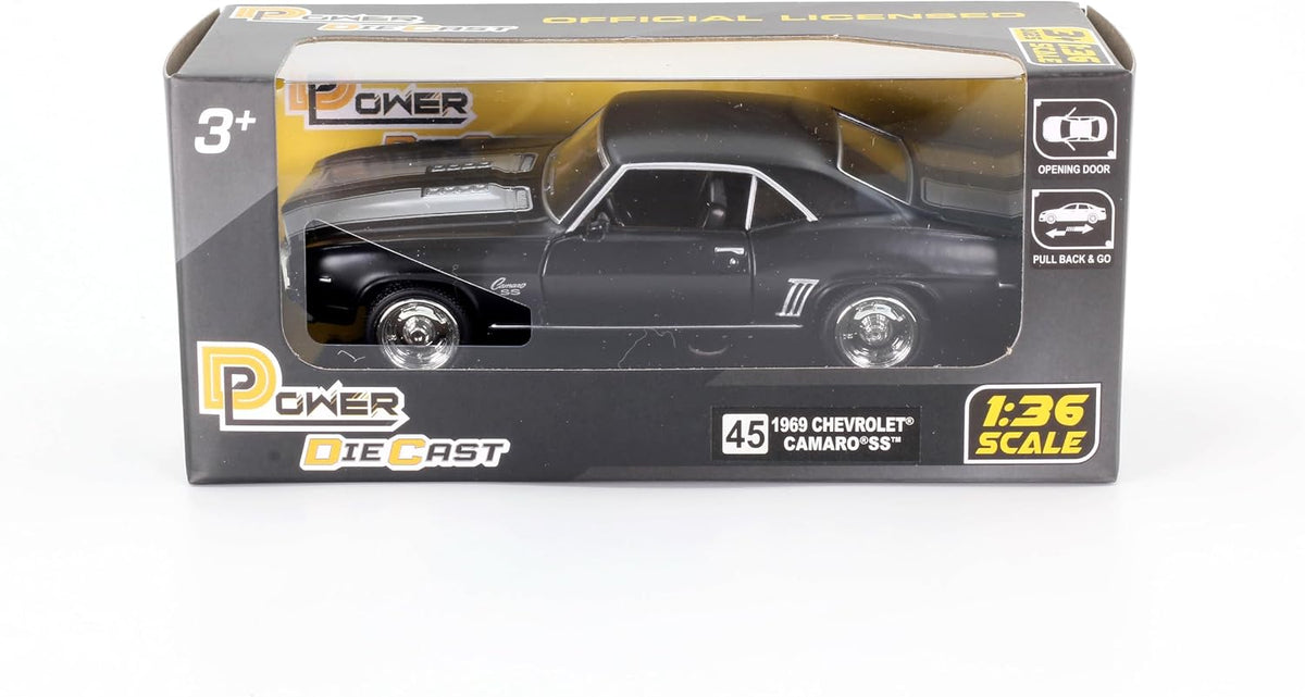 D-Power 1:36 Diecast Chevrolet Camaro 1969 – Matte Black, Pull Back, Classic Muscle Car Collectible Model