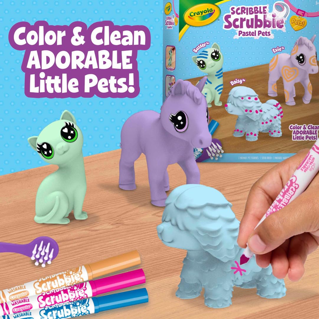 Crayola Scribble Scrubbie Pastel Pets, 3 Count – Washable Pet Toy Set with Markers & Brush, Creative Gift for Kids Ages 3+