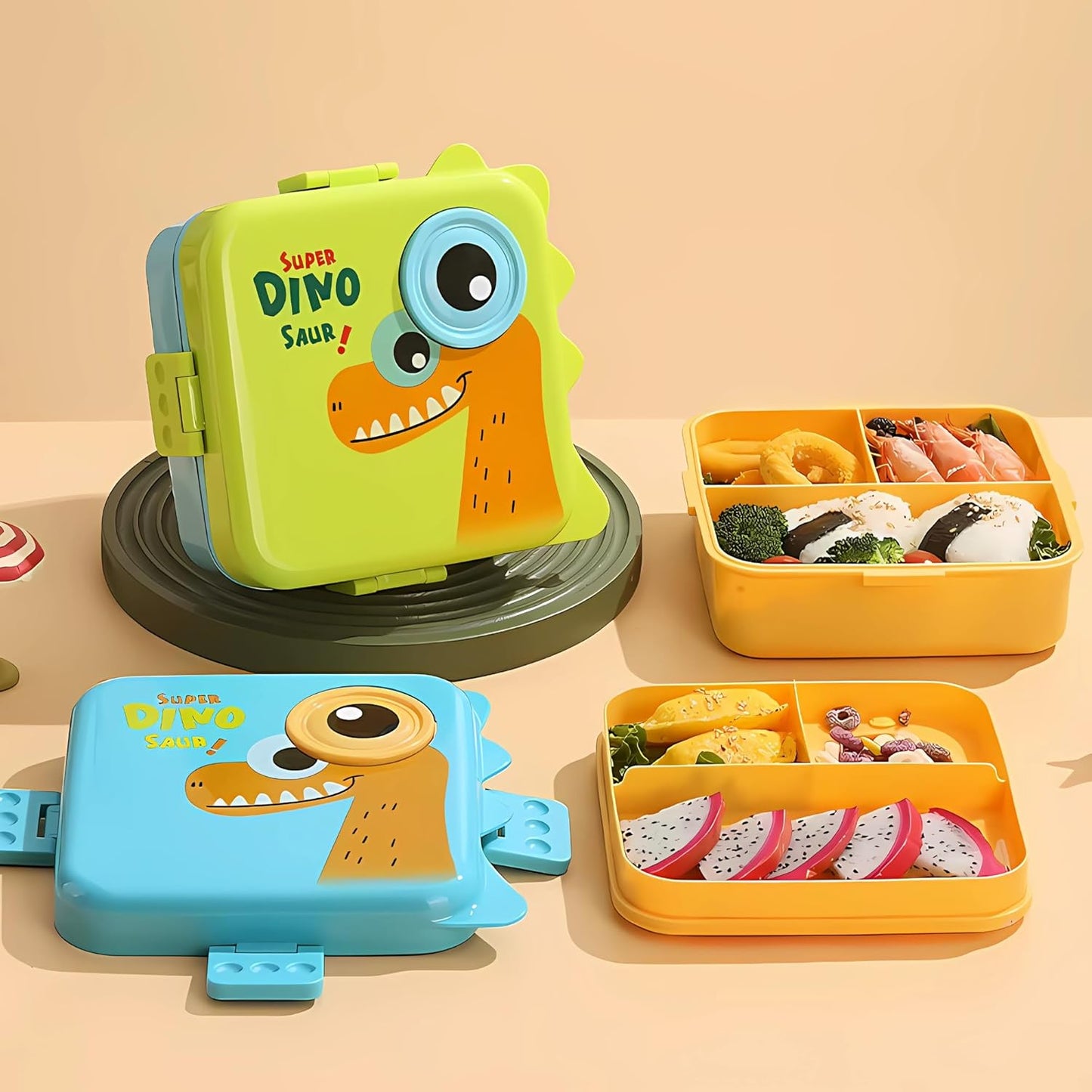 Kids Lunch Box with Spoon – Leakproof Double Decker Bento Box, Durable Plastic, Sealed for Freshness, Sauce Cup Included, Perfect for School & Travel, 1120ml (Dino Green)