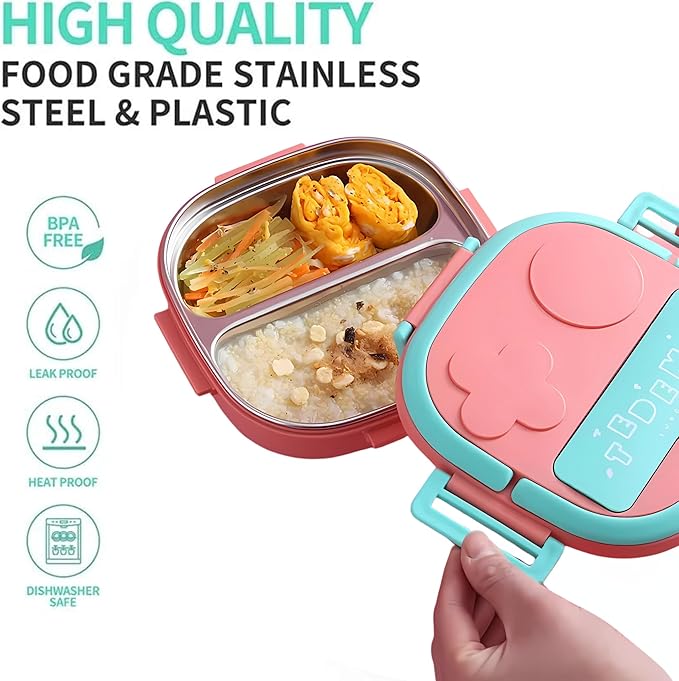 Large Capacity Lunch Box with Stainless Steel Material, 2 Compartment Food Container for Home Outdoor With Spoon, Bento Box Lunch Box Portable Lunch Tray (Pink)