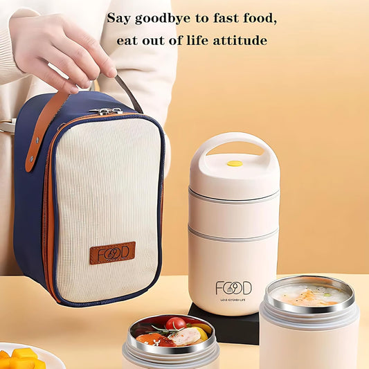 Double Soup Bowl Insulated Lunch Container Thermos Steel Food Jar with Spoon Stainless Steel 2 Compartment Leak Proof Airtight Lunch Container for Hot and Cold Food 710ml (White)