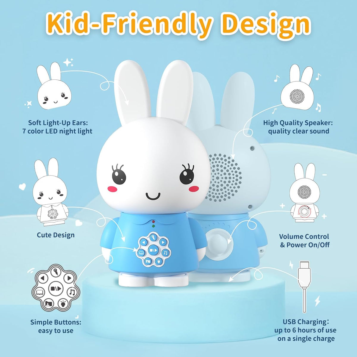 Alilo - Honey Bunny, G6 – Blue | With over 60 popular nursery rhymes and bedtime stories | Night Light for Kids, Rechargeable | 10 M+