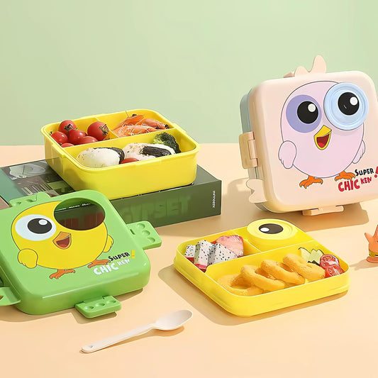 Kids Lunch Box with Spoon – Leakproof Double Decker Bento Box, Durable Plastic, Sealed for Freshness, Sauce Cup Included, Perfect for School & Travel, 1120ml (Bird Pink)