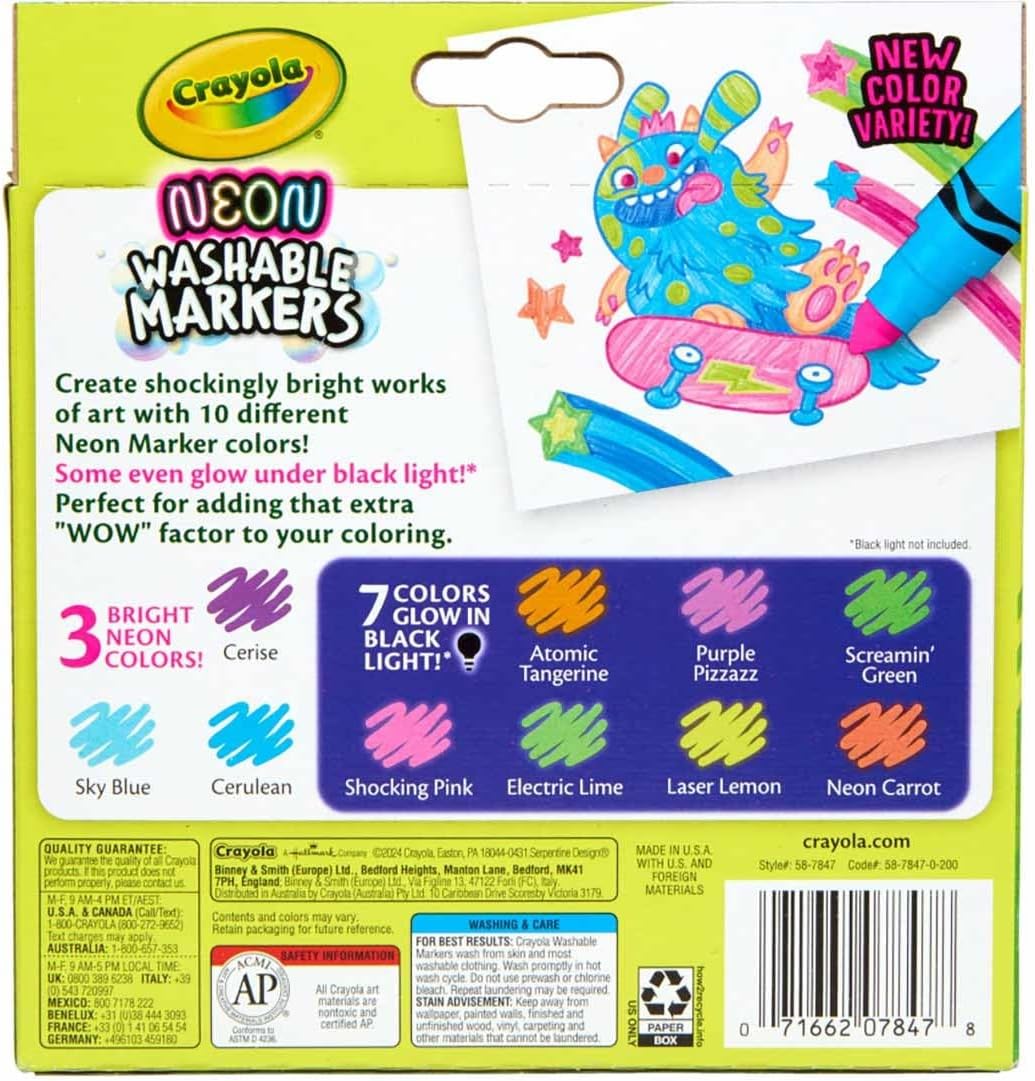 Crayola Neon Washable Markers, Broad Line, 10 Count