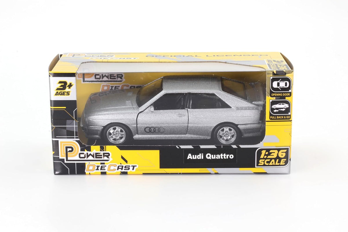 D-Power 1:36 Diecast Audi Quattro Coupe (1980–1991), Assorted Colors Red / Grey, 1 Piece– Classic Model Car with Pull Back Action, Collectible Vintage Toy