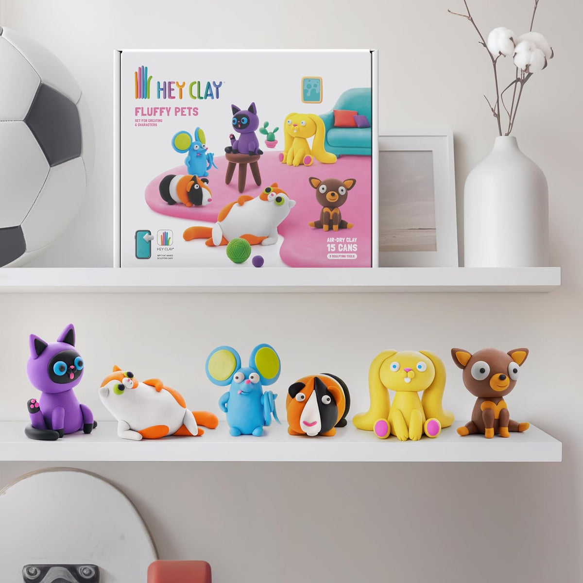 Hey Clay - Fluffy Pets PERSIAN CAT Colourful modelling air-dry clay, 3 cans with fun interactive app for kids 3 years