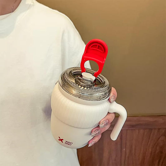 Super Cute Pink Coffee Water Cup for Office or Home Vacuum Insulated Stainless Steel with Handle Leak Proof Hygienic Large Capacity 12 Hours Hot and Cold 420ml (Cream)