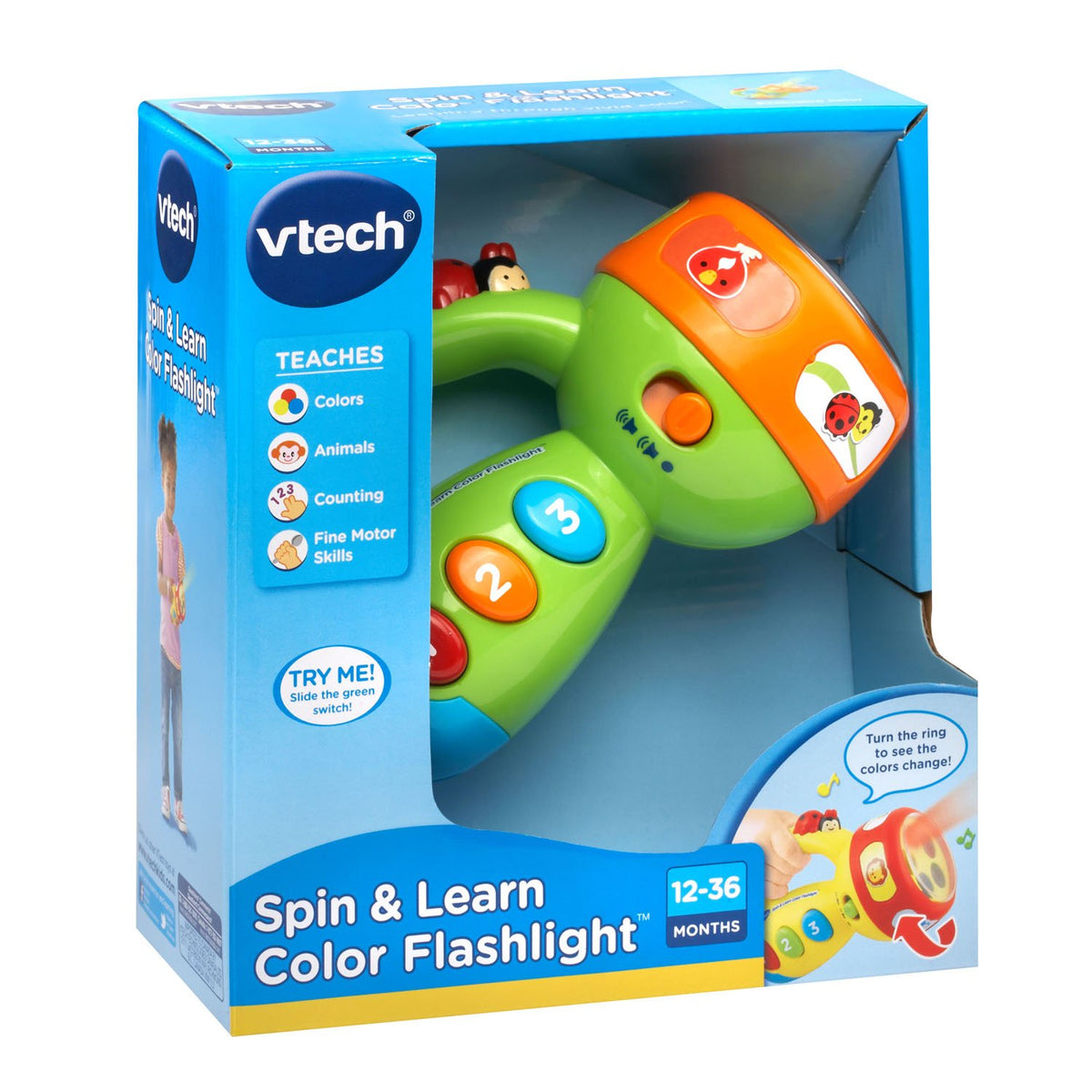 VTech Spin & Learn Color Flashlight Toy with Light-Up Colors, Music & Animal Sounds for Babies