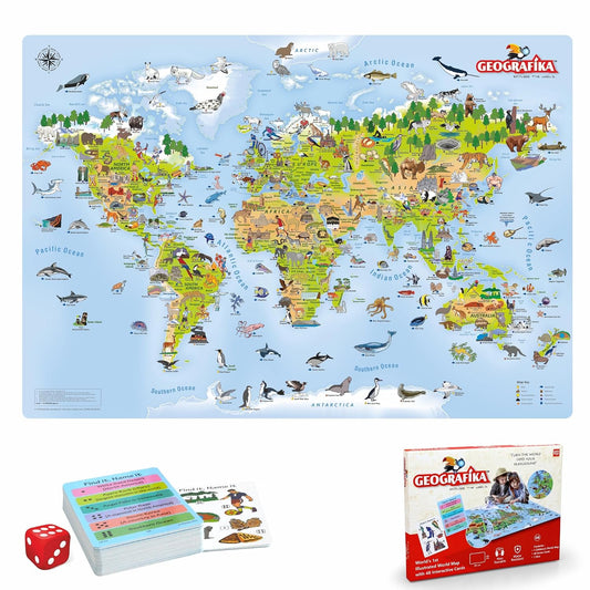 UnikPlay - Geografika | Educational Game, Mini Edition, World Map Board Game, Geography Illustrated Map with Cards | Learning Tools for Boys & Girls