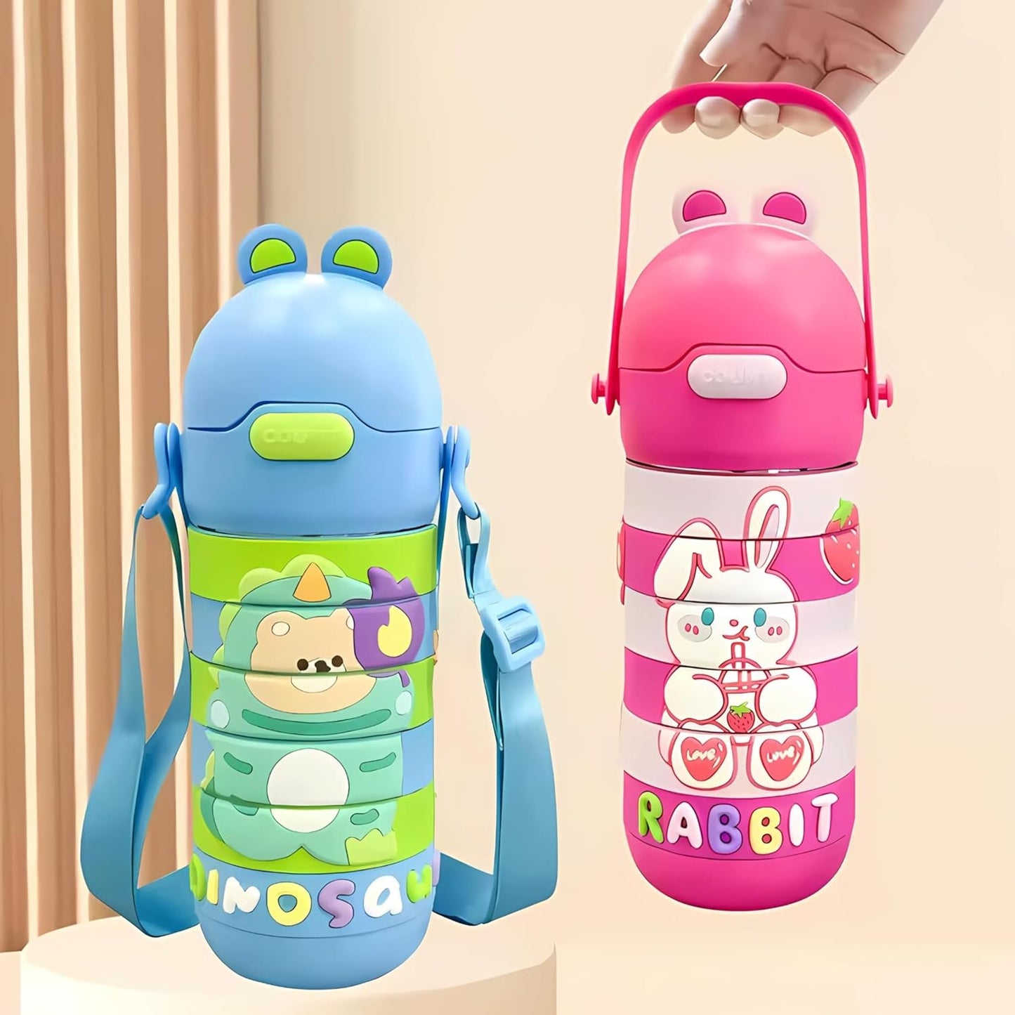 Stainless Steel Kids Puzzle Swirl Water Bottle with Straw & Strap Double Wall Vacuum Insulated Educational, Fun and Learning Water Bottle for Kids, Girls and Boys Leak Proof 430ml (Blue)