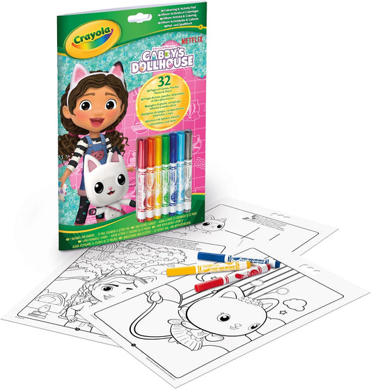 Crayola - Gabby's Dollhouse Album Activity and Colouring e, 32 Colouring Pages and 7 Washable Mini Felt Tip Pens | ideal gift ages from ages 3+