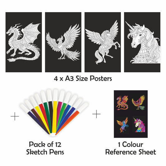 Unikplay Contrast Coloring Kit – Fantasy | Creative Art & Craft Set with Unicorn, Dragon & Phoenix for Kids