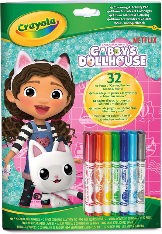 Crayola - Gabby's Dollhouse Album Activity and Colouring e, 32 Colouring Pages and 7 Washable Mini Felt Tip Pens | ideal gift ages from ages 3+