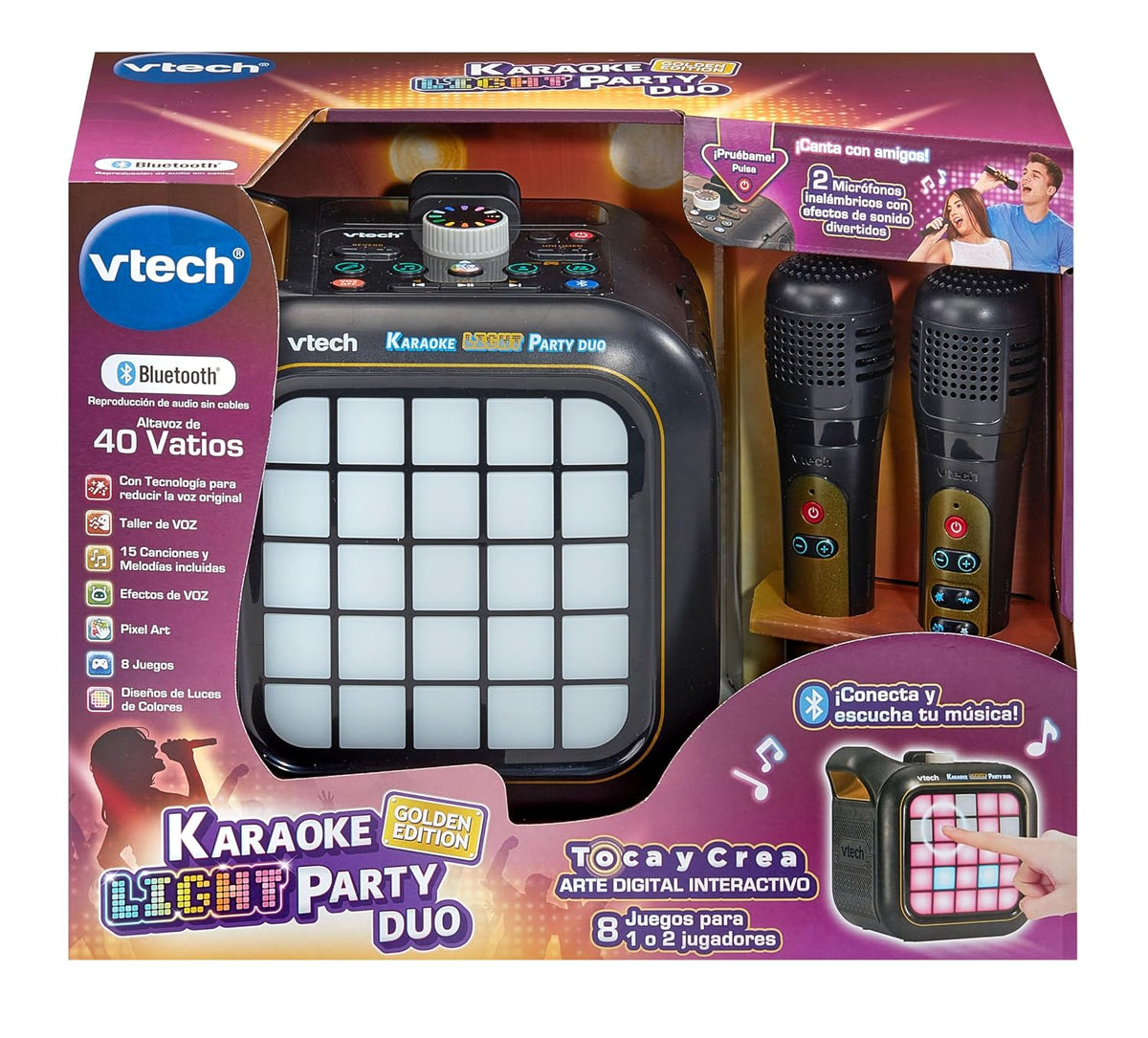 VTech Karaoke Light Party | Portable Bluetooth® Speaker with 2 Wireless Microphones | Pixel Art Lights, Built-In Games & Voice Effects | Kids Karaoke & Party Speaker