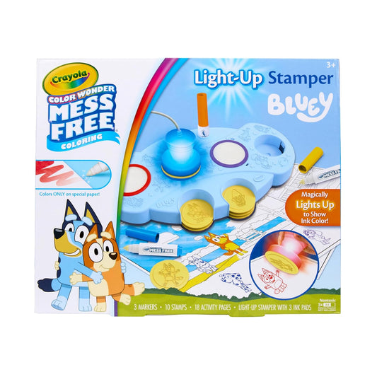 Crayola Color Wonder Mess Free Light-Up Stamper Bluey Set – 10 Stamps, 3 Ink Pads, 18 Activity Pages & Markers | No-Mess Coloring Kit with Light-Up Stamper | Safe, Non-Toxic Gift for Kids Ages 3+