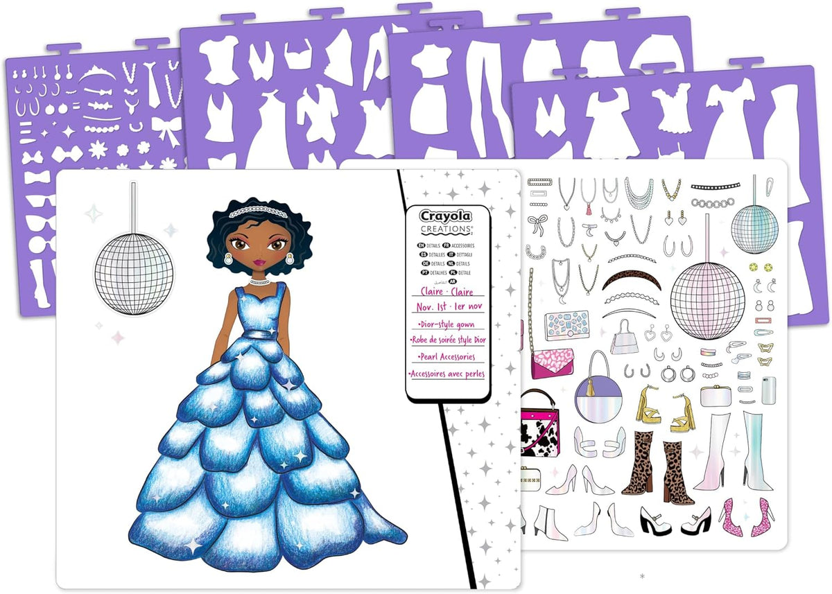 CRAYOLA Creations Glam Fashion Set, Create Your Own Fashion Collection, Drawing Set with Stencils and Stickers, Creative Activity for Girls, from 8 Years