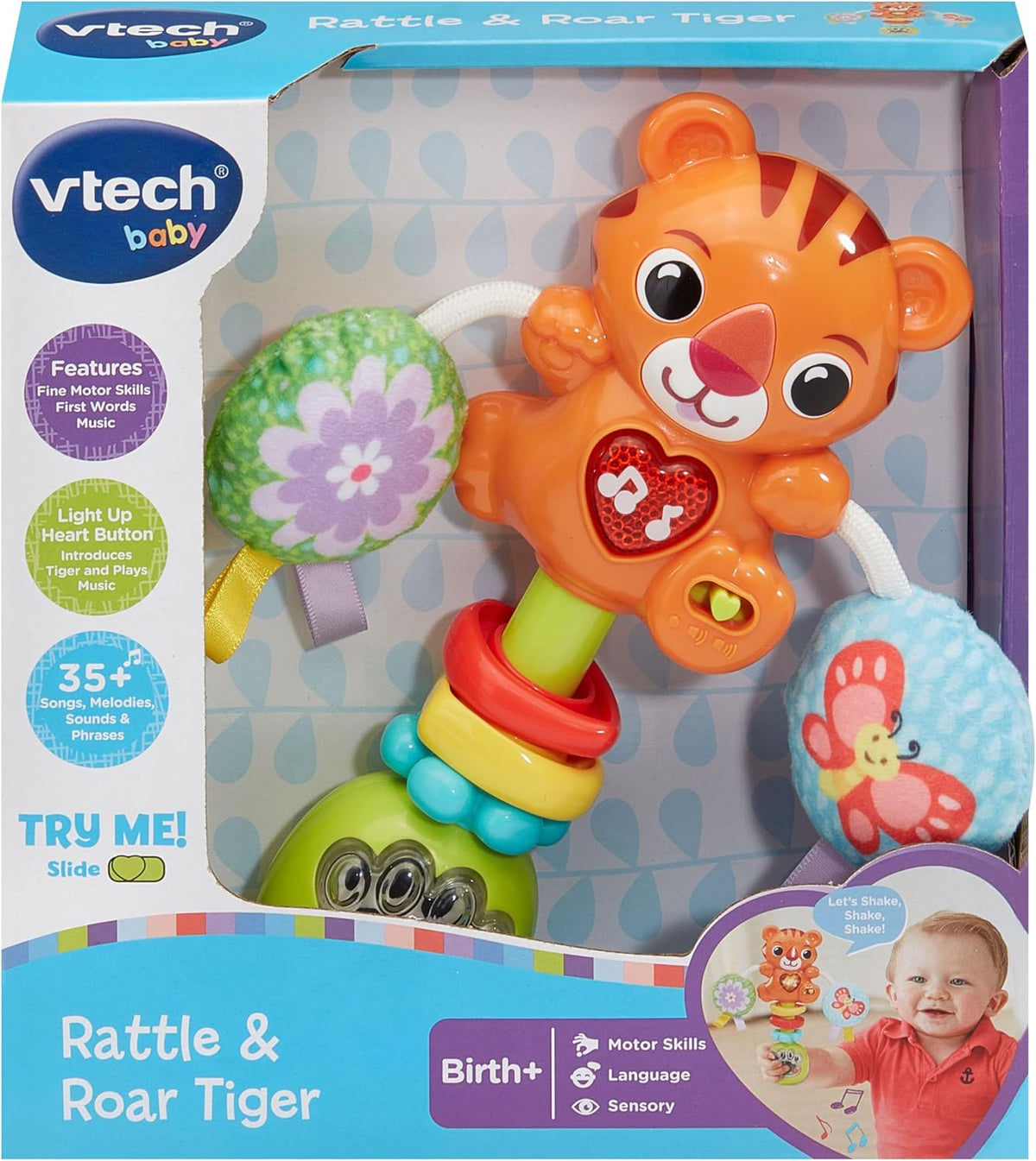 VTech Rattle & Roar Tiger | Baby Rattle with Lights, Music & Textured Pom Poms | Fine Motor & Sensory Development Toy for Infants