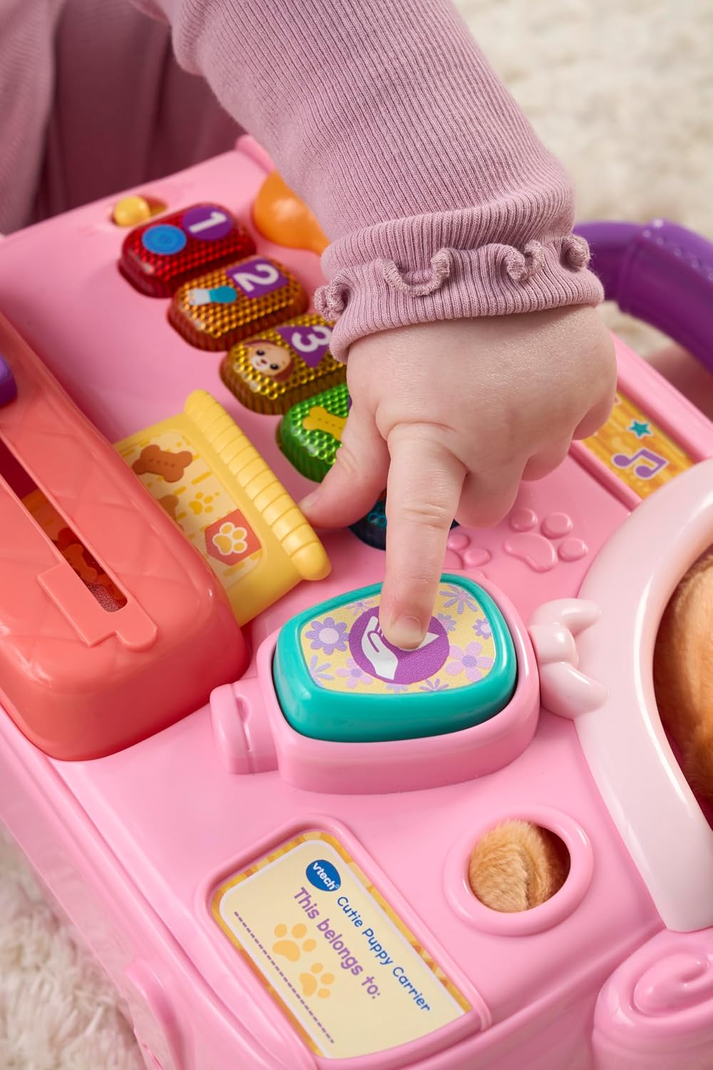 VTech Baby Cutie Puppy Carrier – Interactive Role-Play Toy with 6 Accessories, Light-Up Buttons, Music & Phrases | for Babies 9–24 Months+