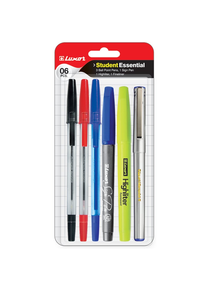 Luxor Student Essential Stationery Kit | Ball Point Pens, Sign Pen, Highlighter & Fineliner | Writing & Study Essentials for School & College