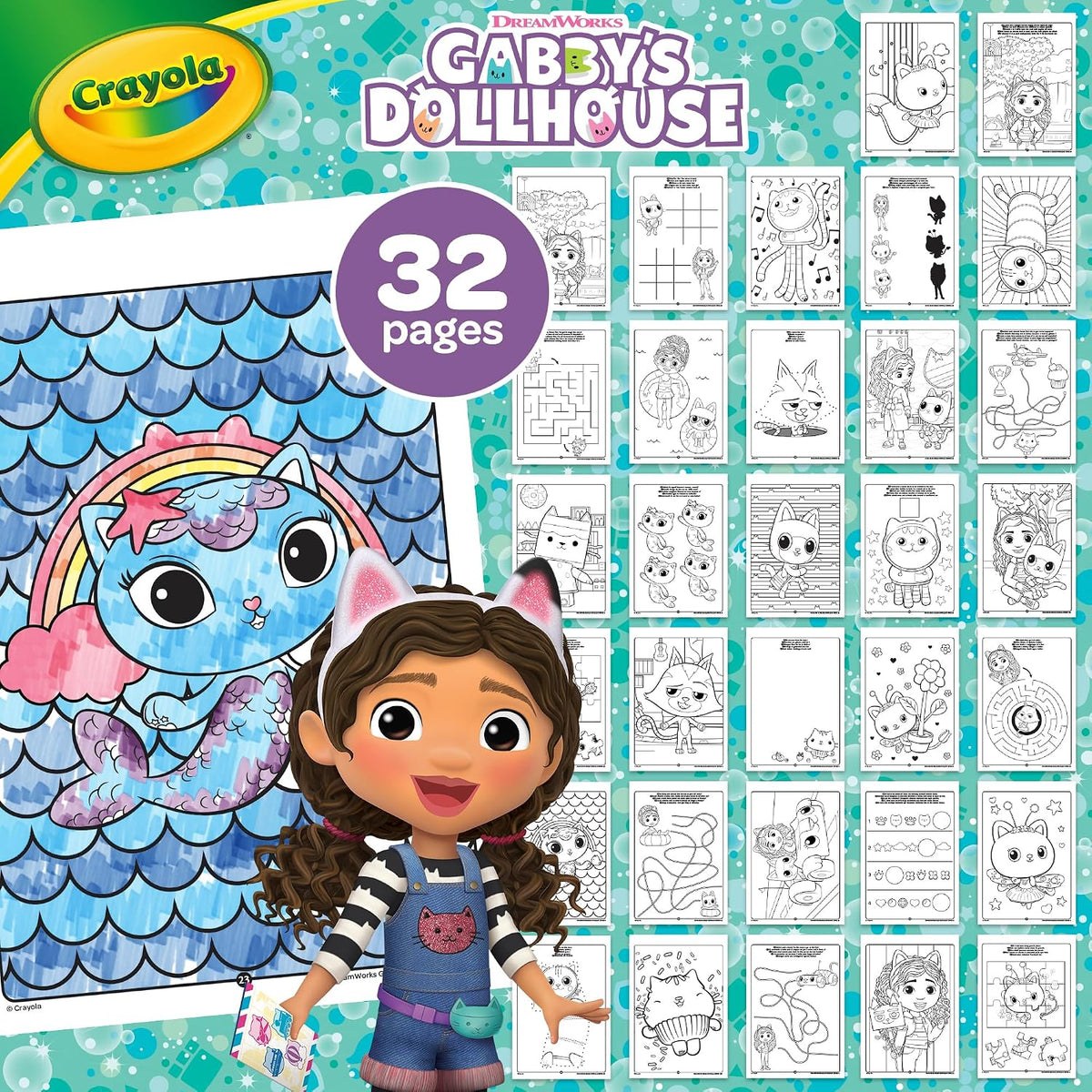 Crayola - Gabby's Dollhouse Album Activity and Colouring e, 32 Colouring Pages and 7 Washable Mini Felt Tip Pens | ideal gift ages from ages 3+